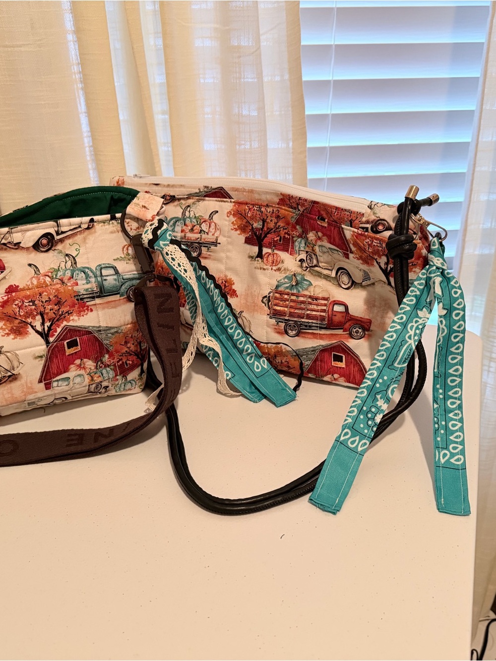 Canvas Farm Truck Print Crossbody Bag with Teal Accent